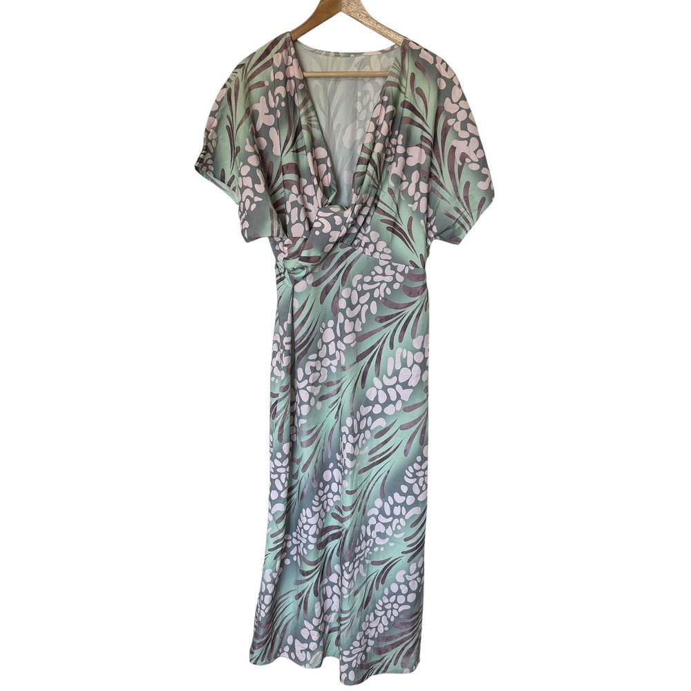 Unbranded Maxi Dress Women XXL Green Pink Abstract Botanical V-Neck Excellent